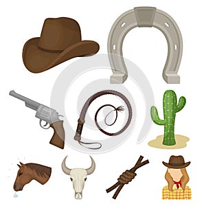 A set of pictures about cowboys. Cowboys on the ranch, horses, weapons, whips.Rodeo icon in set collection on cartoon