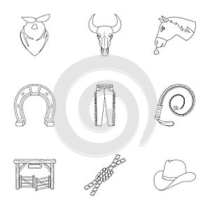 A set of pictures about cowboys. Cowboys on the ranch, horses, weapons, whips.Rodeo icon in set collection on outline