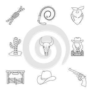 A set of pictures about cowboys. Cowboys on the ranch, horses, weapons, whips.Rodeo icon in set collection on outline