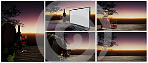Set of pictures of drinks, wine, beer, brandy, whiskey on wooden tables or logs with morning sky landscape background. Before