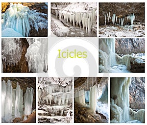 Set of pictures with falling water stream has formed ice crust on the background of rocks