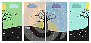 A set of pictures of the four seasons of the year. Tree four times a year in spring, summer, autumn and winter vector illustration