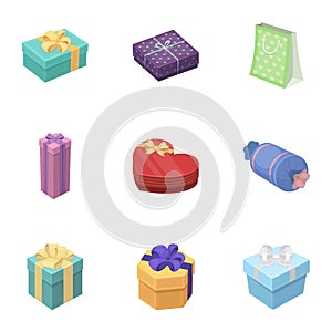 A set of pictures gifts. Gifts for different holidays, surprises. Gift packaging.Gifts and cert icon in set collection