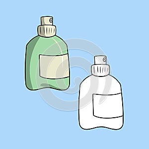 A set of pictures, a green plastic bottle, a spray bottle, a vector illustration in cartoon style