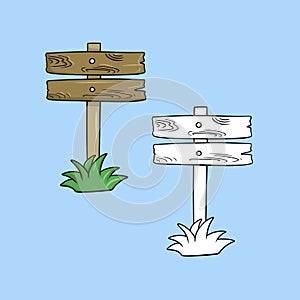 A set of pictures, an old brown wooden sign on a pole, a stand with green grass, a vector illustration in cartoon