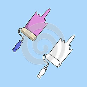 A set of pictures, Pink paint and a paint roller with a blue handle, vector cartoon illustration