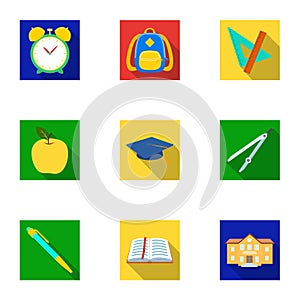 Set of pictures about the school. Study training. Supplies for school.Outfit of the student. School and eduacation icon