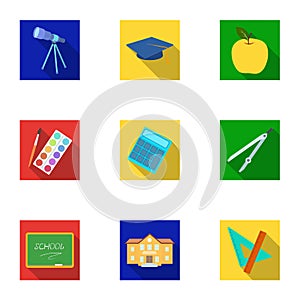 Set of pictures about the school. Study training. Supplies for school.Outfit of the student. School and eduacation icon