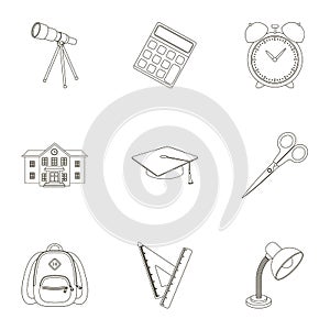 Set of pictures about the school. Study training. Supplies for school.Outfit of the student. School and eduacation icon