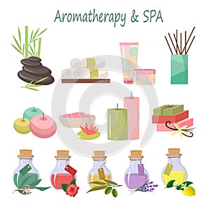 A set of pictures for spa treatments and aromatherapy. Vector illustration isolated on white background.