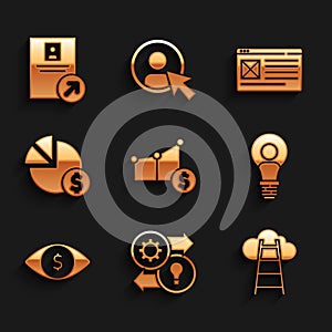 Set Pie chart and dollar, Human resources, Stair with finish flag, Head lamp bulb, Eye, Browser window and Job promotion