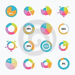 Set of pie chart icons in modern thin flat style.