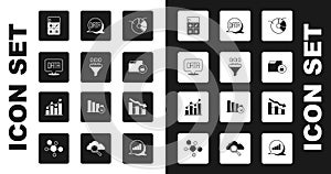Set Pie chart infographic, Binary code, Data analysis, Calculator, Folder and lock, Financial growth decrease and icon