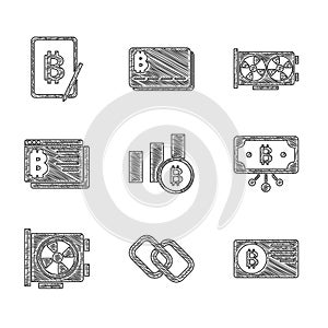 Set Pie chart infographic bitcoin, Chain link, Credit card with, Bitcoin circuit, Video, browser, and Mining from tablet