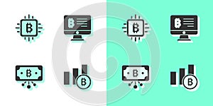 Set Pie chart infographic bitcoin, CPU mining farm, Bitcoin with circuit and Mining from monitor icon. Vector