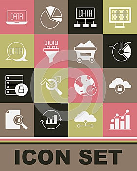 Set Pie chart infographic, Cloud computing lock, Data analysis, Binary code, and Coal mine trolley icon. Vector