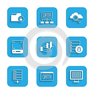 Set Pie chart infographic, Data analysis, Binary code, Server security with padlock, Search cloud computing and Folder