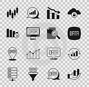 Set Pie chart infographic, Data analysis, Financial growth decrease, Browser with stocks market and Document icon