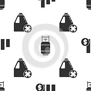 Set Pie chart infographic and dollar, Propane gas tank and Antifreeze canister on seamless pattern. Vector