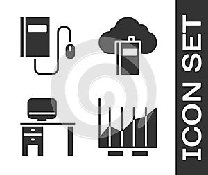 Set Pie chart infographic, Electronic book with mouse, Computer monitor and desk and Cloud or online library icon