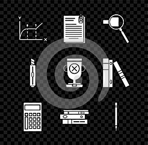 Set Pie chart infographic, File document and paper clip, Magnifying glass, Calculator, Office folders with papers