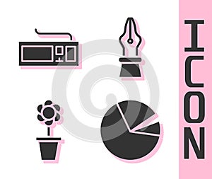 Set Pie chart infographic, Keyboard, Flower in pot and Fountain pen nib icon. Vector