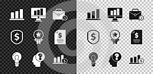 Set Pie chart infographic, Monitor with, Briefcase and money, Light bulb concept of idea, Human head question mark