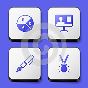 Set Pie chart infographic, Online class, Fountain pen nib and Medal icon. White square button. Vector