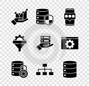 Set Pie chart infographic, Server with shield, Mobile and password, security lock, Hierarchy organogram, Server, Data