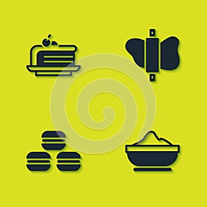 Set Piece of cake, Flour bowl, Macaron cookie and Rolling pin dough icon. Vector