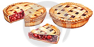 set of a piece of cherry pie. classic berry pie, illustration in vintage style. clipart