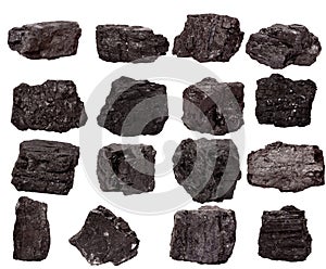 Set of piece of coal isolated on a white