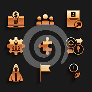 Set Piece of puzzle, Location marker, Dollar plant, Human resources, Startup project concept, Job promotion and Light