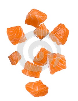 Set with pieces of fresh raw salmon on background. Fish delicacy
