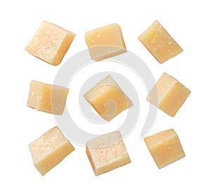 Set of pieces of parmesan cheese on a white background. Isolated