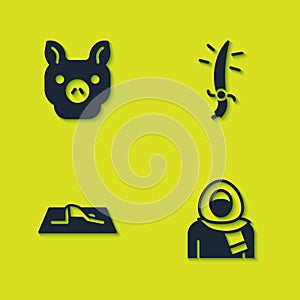 Set Pig, Muslim woman in hijab, prays and Arabian saber icon. Vector