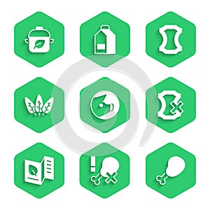 Set Pig, No chicken leg, Chicken, leather, Vegetarian food menu, Leaf, Leather and Vegan diet icon. Vector