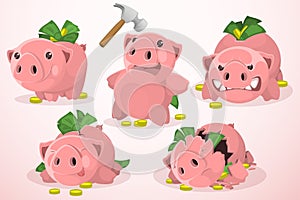 Set of piggy bank in different situations