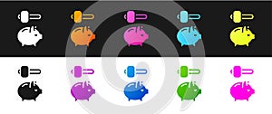 Set Piggy bank and hammer icon isolated on black and white background. Icon saving or accumulation of money, investment