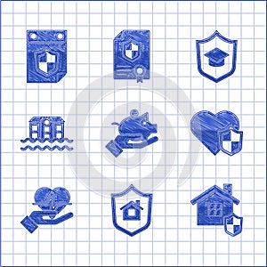 Set Piggy bank in hand, House with shield, Life insurance, flood, Graduation cap and Calendar icon. Vector