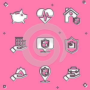 Set Piggy bank, Health insurance, House with shield, Location, Travel suitcase, Hand holding fire and icon. Vector