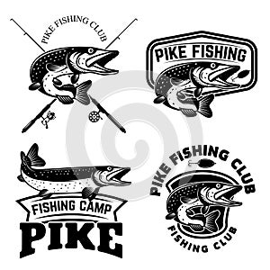 Set of pike fishing emblems in monochrome style. Pike fish logo, label, sign, poster, badge