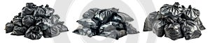 Set of pile of black garbage bags isolated on a white or transparent background. Close-up of black trash bags. Recycling