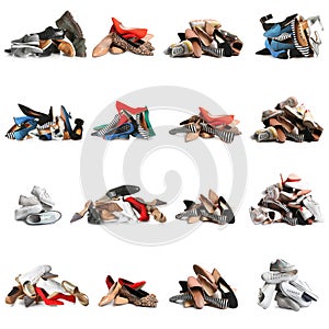 Set with piles of different shoes on white