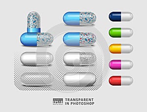 Set of pill drug on transparent background