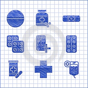 Set Pills in blister pack, Cross hospital medical, IV bag, Medicine bottle and pills, Bandage plaster and or tablet icon