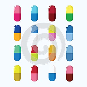 Set of Pills, Capsules Colourful Vector Illustration. on White photo