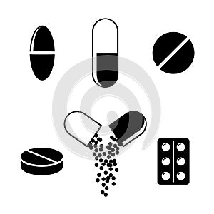 Set of pills and capsules icons on a white background. Medicines icons. Blister pills: pain relievers, vitamins