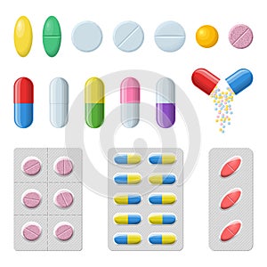 Set of pills and capsules on a white background. Medicines icons. Blister pills: pain relievers, vitamins, antibiotics