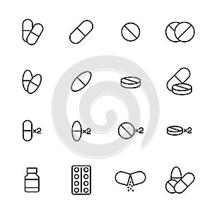Set of pills icons in modern thin line style.